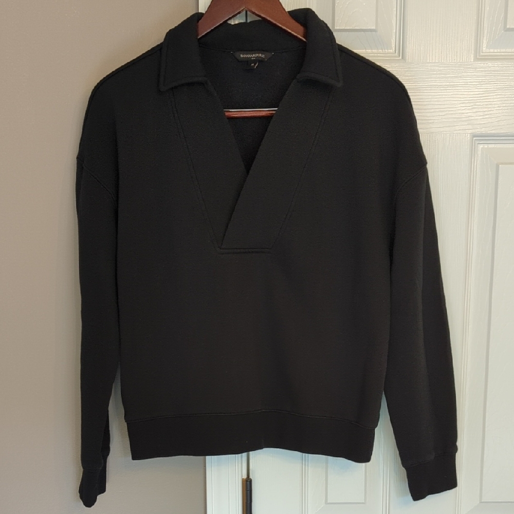 Banana Republic Black V-Neck Polo Collar fleece Sweater Pullover
